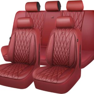 CAR PASS Piping Luxury Faux Leather Seat Covers Full Set, Premium Delux Anti-Slip Waterproof Automotive Seat Cover Universal Fit for Sedans Suvs Vans Trucks, Armrest & Airbag Compatible, Burgundy Red